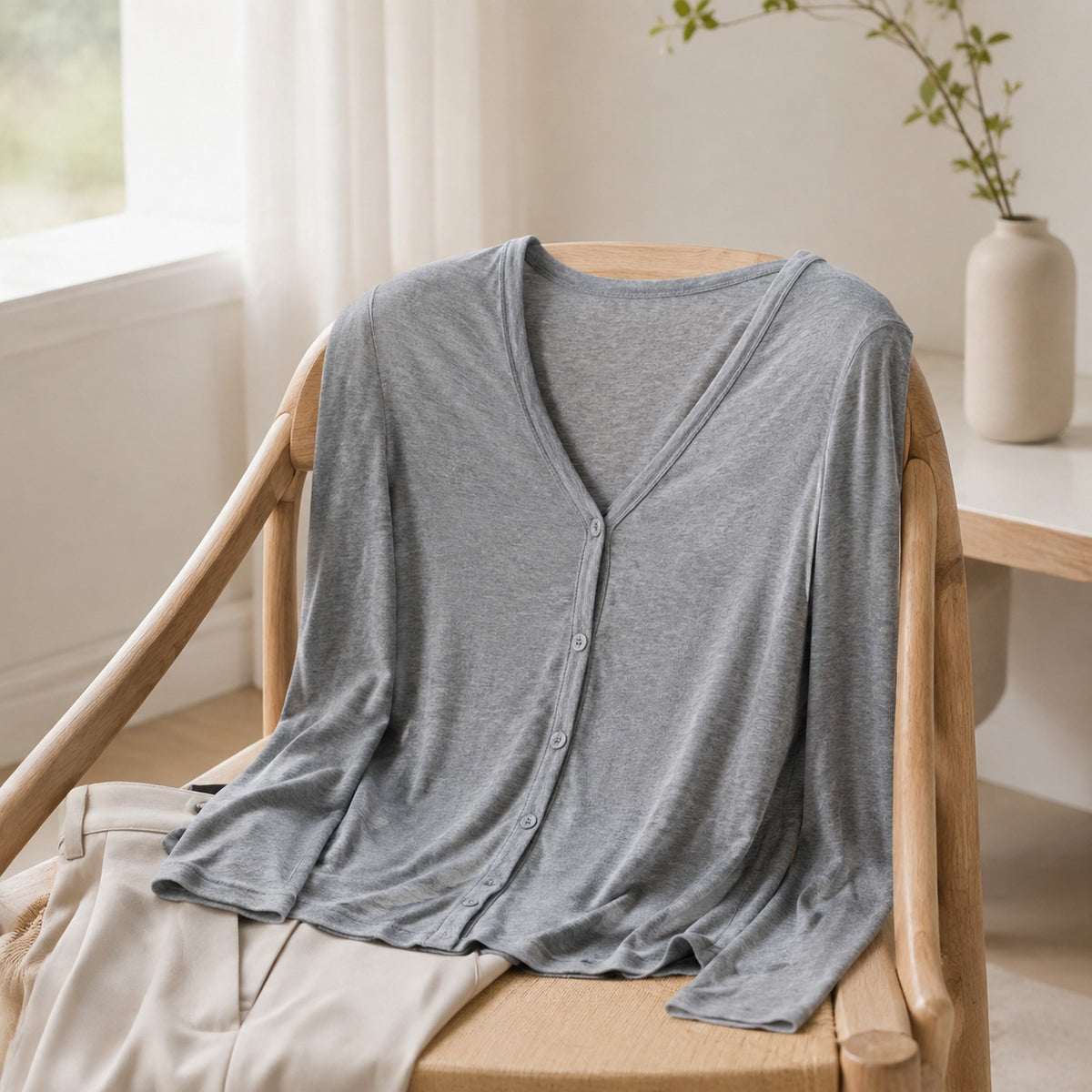 v neck lyocell knit cardigan - minimal lifestyle setting