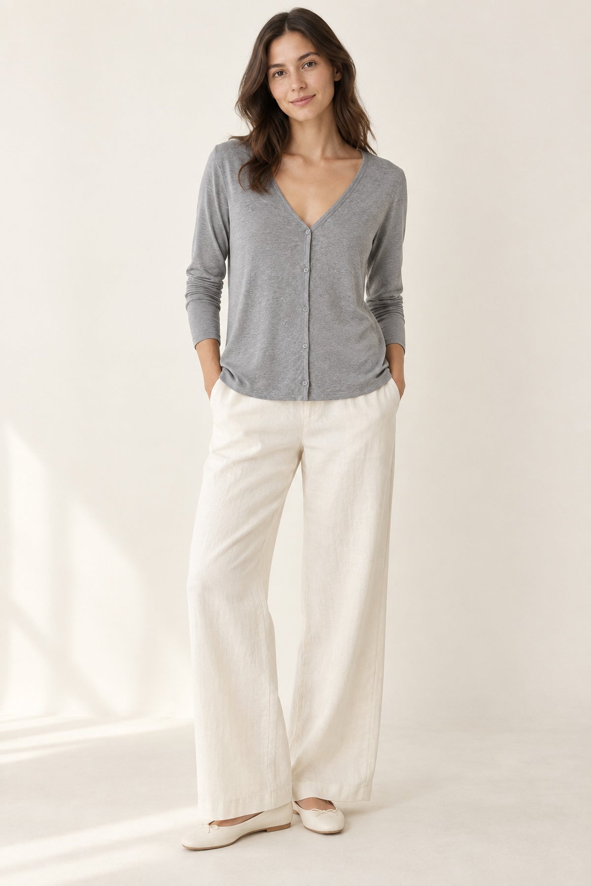 v-neck-lyocell-knit-cardigan model-lifestyle