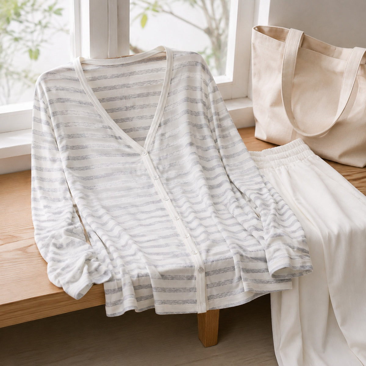 lightweight striped knit cardigan - minimal lifestyle setting