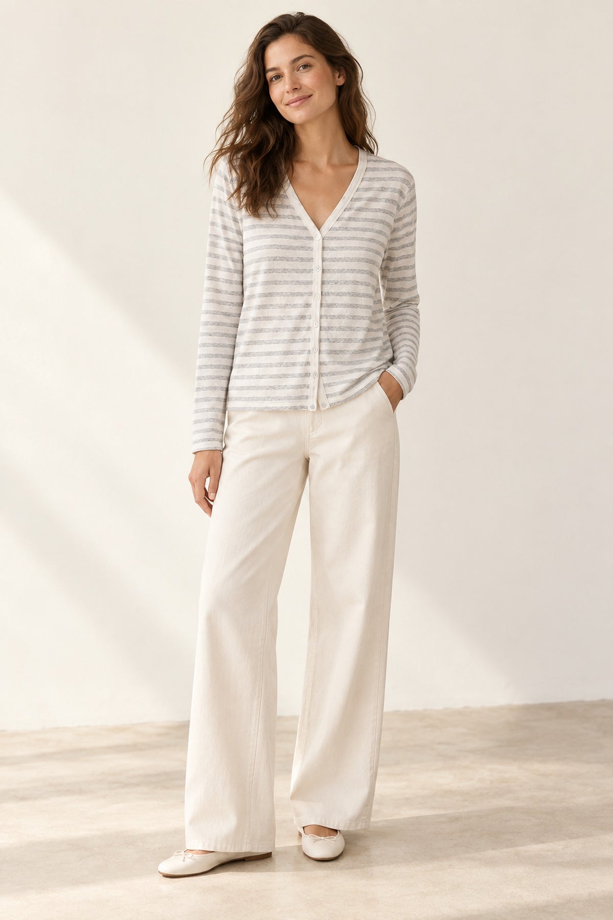 lightweight-striped-knit-cardigan model-lifestyle