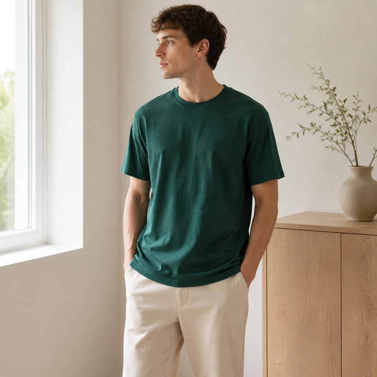 Relaxed cotton T-shirt styled in an everyday setting